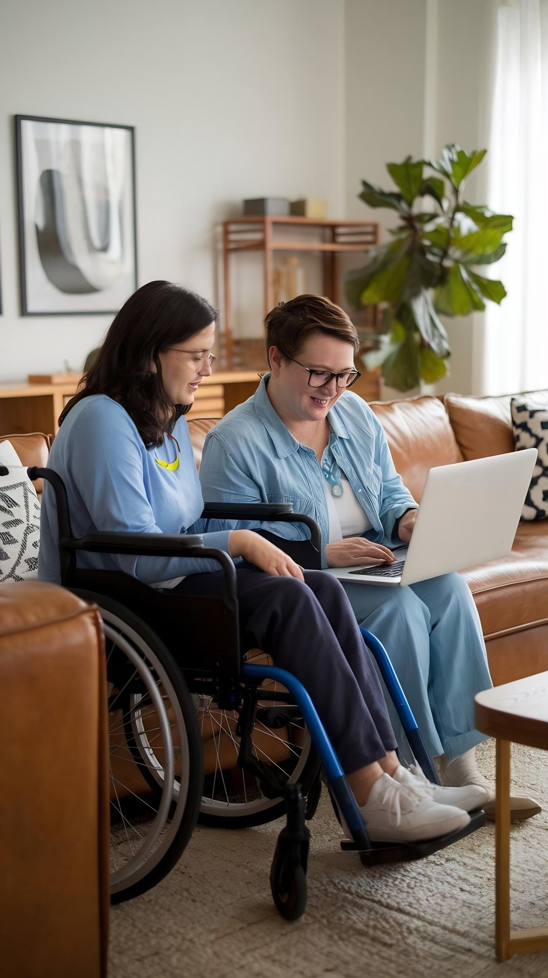 NDIS support worker assisting wheelchair user with independent living skills on laptop Melbourne — ThriveWell Care SIL and in-home support Victoria