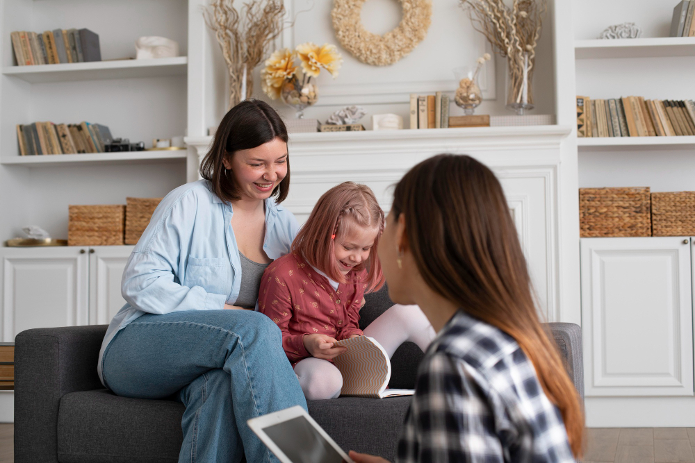 NDIS support worker assisting a mother and child with disability support at home in Melbourne