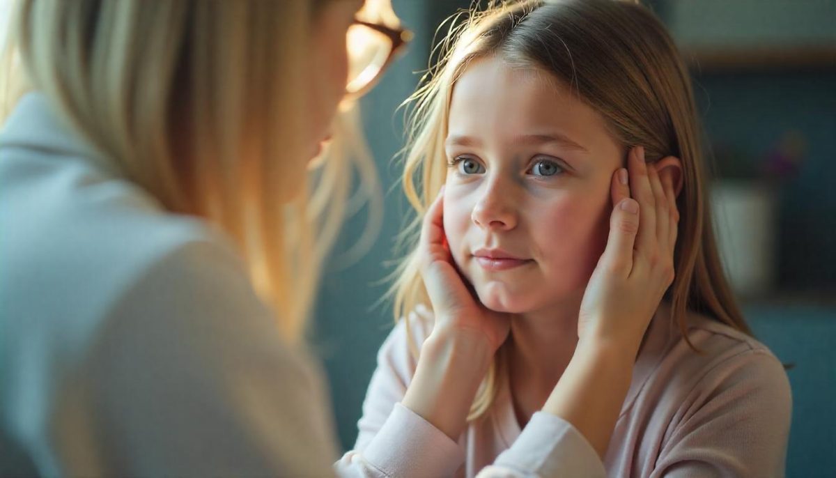 NDIS therapeutic support worker attentively listening to a young girl with psychosocial disability during a child-focused therapeutic care session in Melbourne