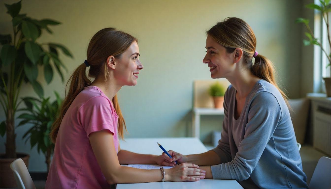 NDIS support worker smiling and taking notes during a person-centred disability support planning session with a young female participant in Melbourne