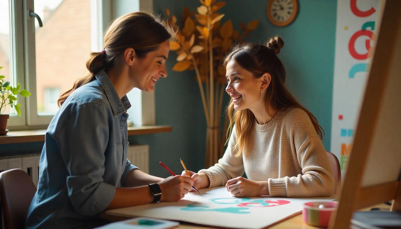 NDIS support worker smiling and assisting a young female participant with a creative art activity during a capacity building skill development session in Melbourne