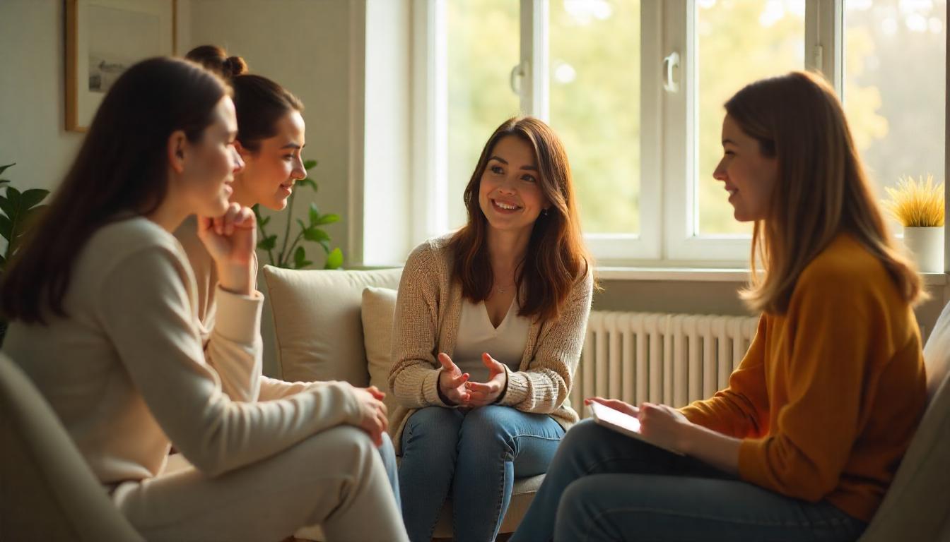 NDIS mental health support worker facilitating a small group therapy session with female participants in a comfortable mental health residential home in Melbourne