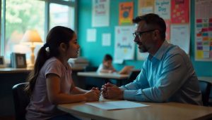 NDIS therapeutic support worker having a one-on-one session with a young girl in an Out-of-Home Care classroom environment in Melbourne
